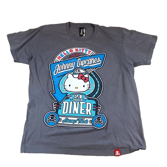 Johnny Cupcakes x Hello Kitty's Diner Gray Men's Cut T-Shirt Large Sanrio READ - Picture 1 of 9